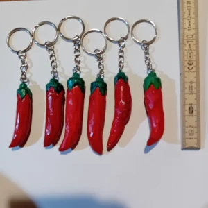 Stylized Hand-Carved Red Chili Pepper Keychain “M” – Painted Wood, Lacquered Finish