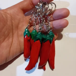 Stylized Hand-Carved Red Chili Pepper Keychain “M” – Painted Wood, Lacquered Finish