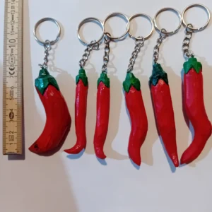 Stylized Hand-Carved Red Chili Pepper Keychain “L” – Painted Wood, Lacquered Finish