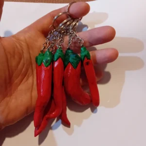 Stylized Hand-Carved Red Chili Pepper Keychain “L” – Painted Wood, Lacquered Finish