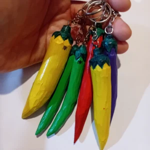 Stylized Hand-Carved Pepper Keychain – Painted Wood, Lacquered Finish
