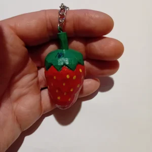 Stylized Hand-Carved Strawberry Keychain – Painted Wood, Lacquered Finish