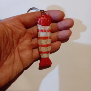 Hand-Carved Fish Keychain – Painted Distressed Wood, Red-White Finish